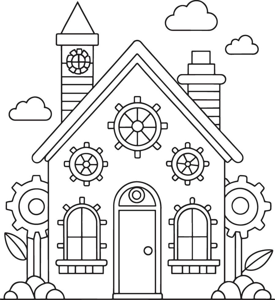 Adorable gear house coloring page whimsical charming design perfect for kids simple lines clouds vector
