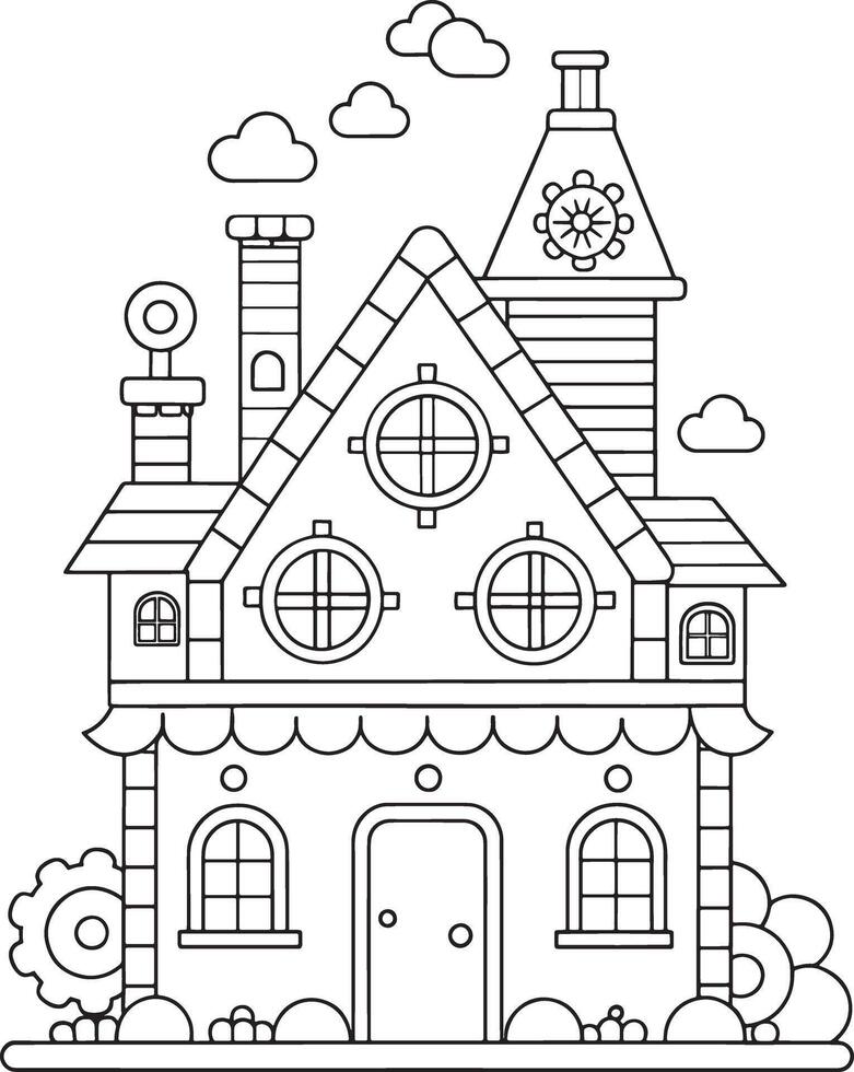 Whimsical fairytale house coloring page charming design unique details line art style vector