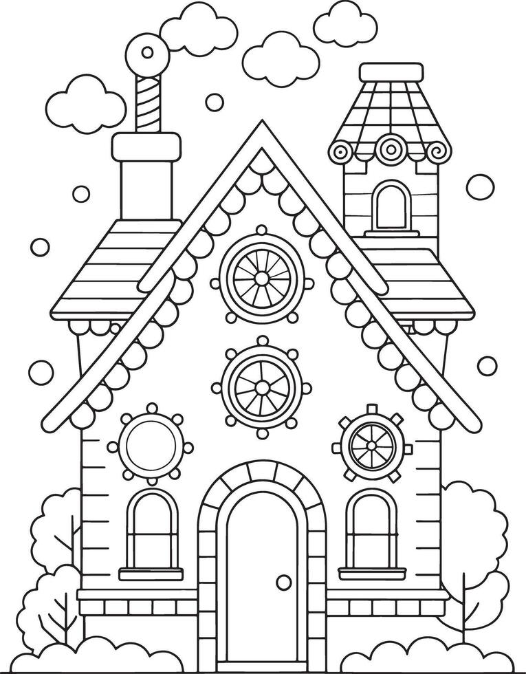 Adorable whimsical house coloring page charming details chimney wheels trees clouds vector