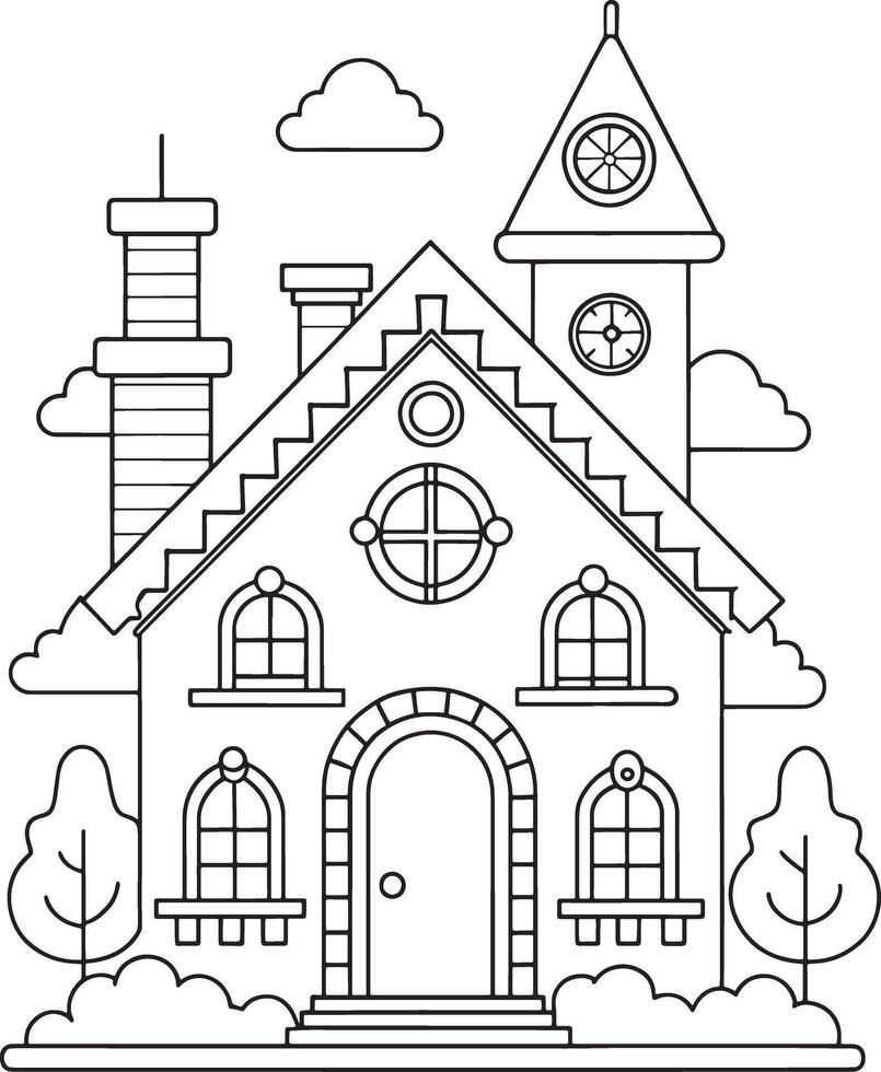 Charming fairytale house coloring page detailed line art whimsical details clock tower trees clouds vector