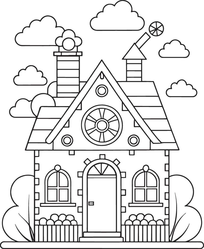 Adorable fairytale house coloring page charming details whimsical design simple lines cute clouds vector