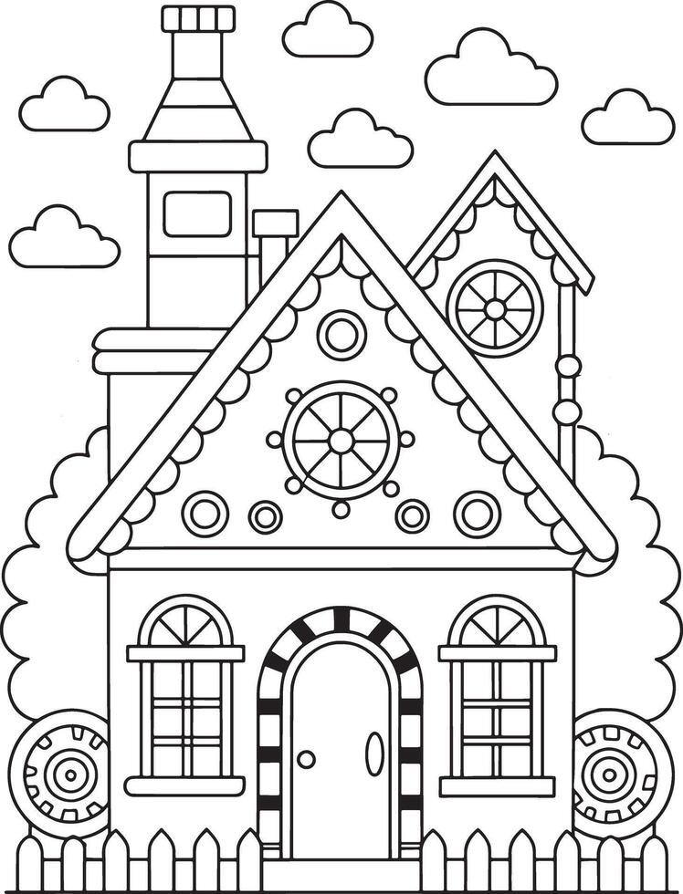Adorable gingerbread house coloring page charming details whimsical clouds simple lines perfect for vector