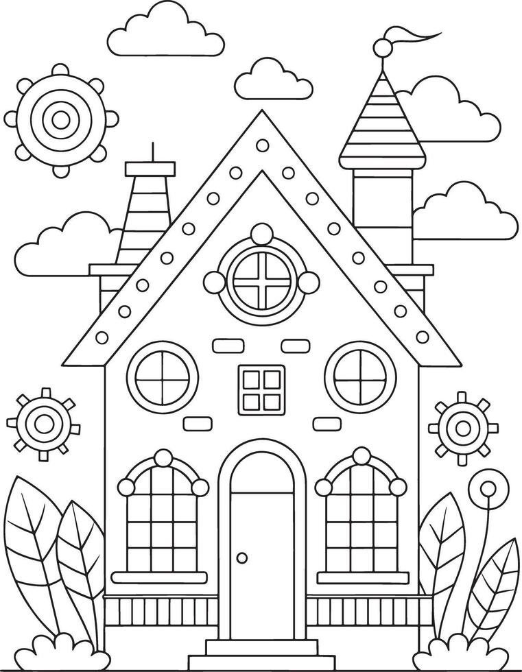 Adorable fairytale house coloring page charming castle design with whimsical details perfect for vector