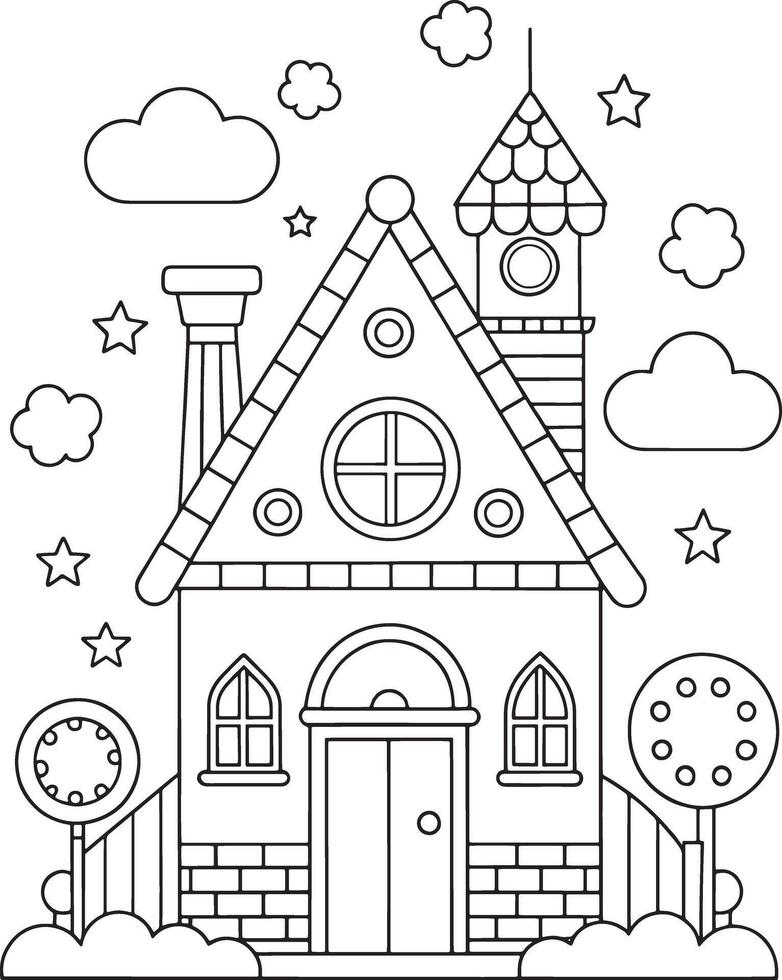 Adorable fairytale house coloring page charming design simple lines whimsical clouds and stars vector