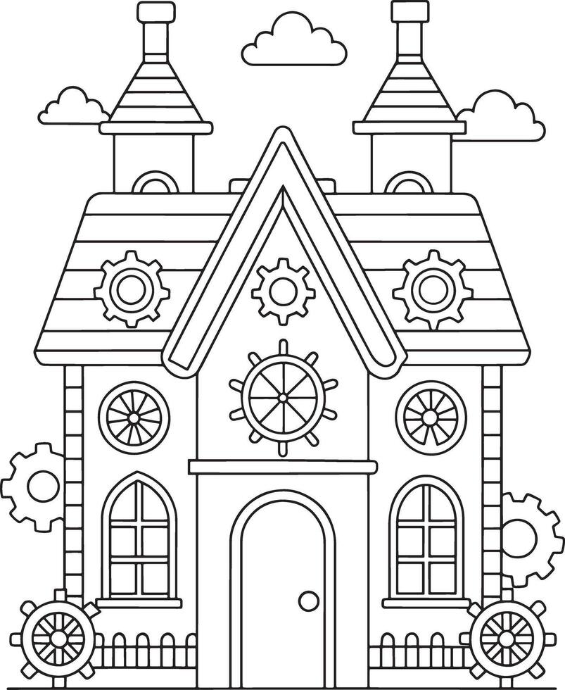 Charming steampunk house coloring page intricate details gears wheels and whimsical chimneys vector