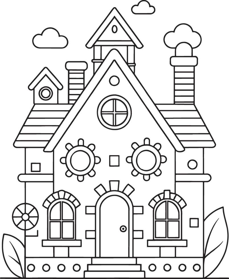 Adorable charming house coloring page simple line art perfect for kids featuring a whimsical design vector