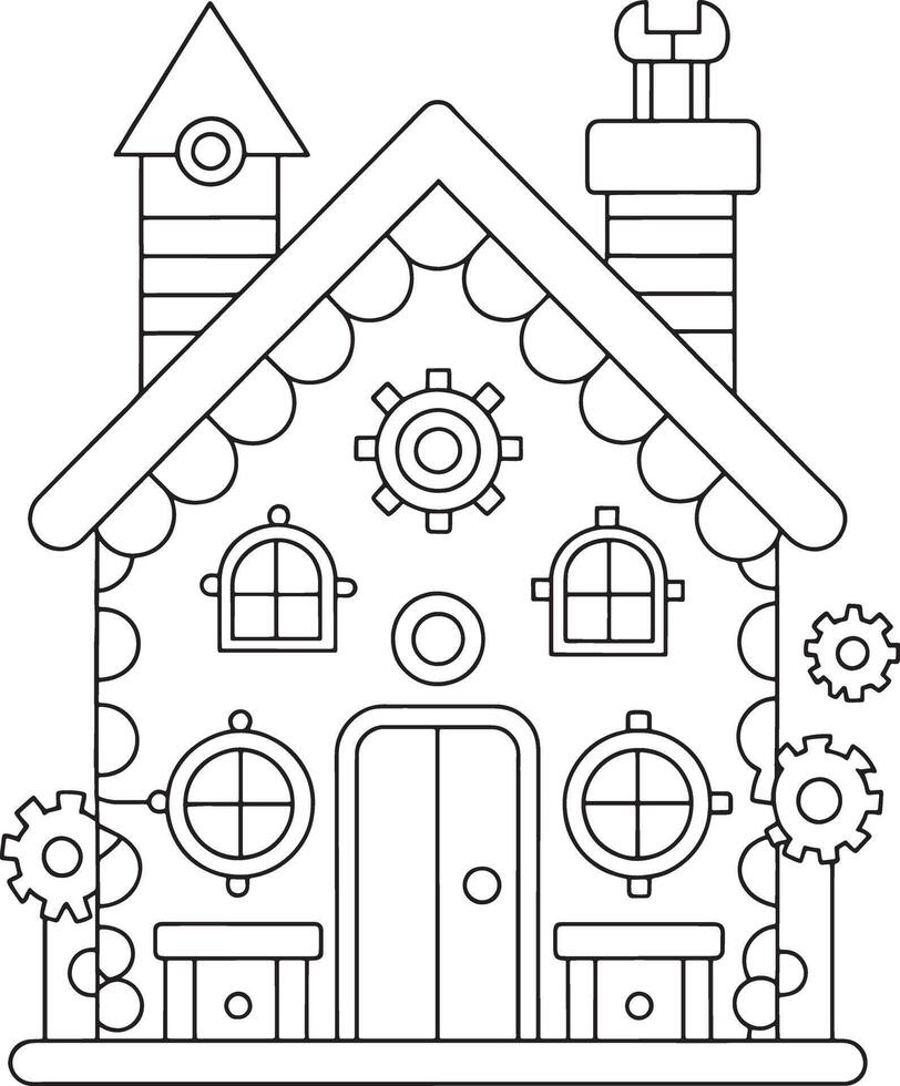 Charming Steampunk Gingerbread House Coloring Page Detailed line art whimsical design gears cogs vector