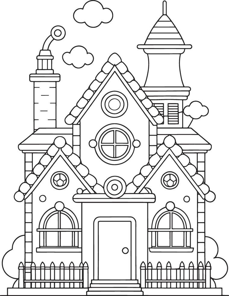 Charming fairytale house coloring page whimsical details cute design perfect for kids simple lines vector