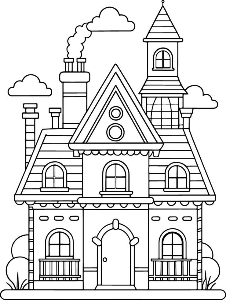 Charming fairytale house coloring page cute home simple line art black and white whimsical design vector