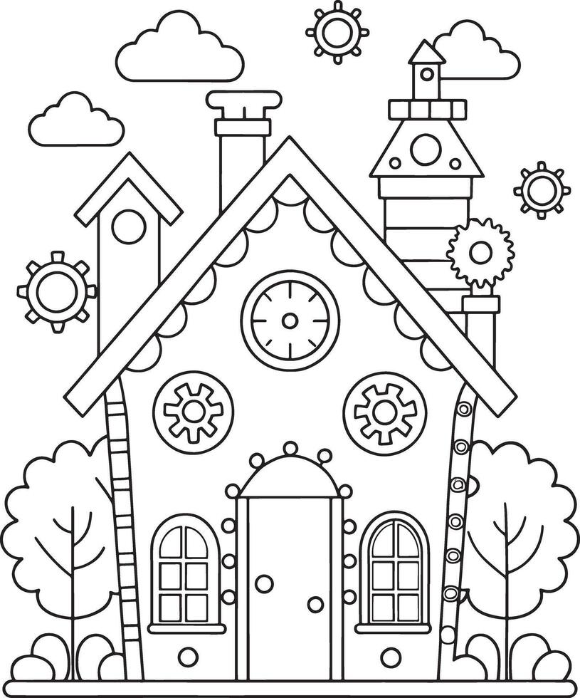 Whimsical Clockwork House Coloring Page Fun Creative Steampunk Design for Kids with Simple Line Art vector