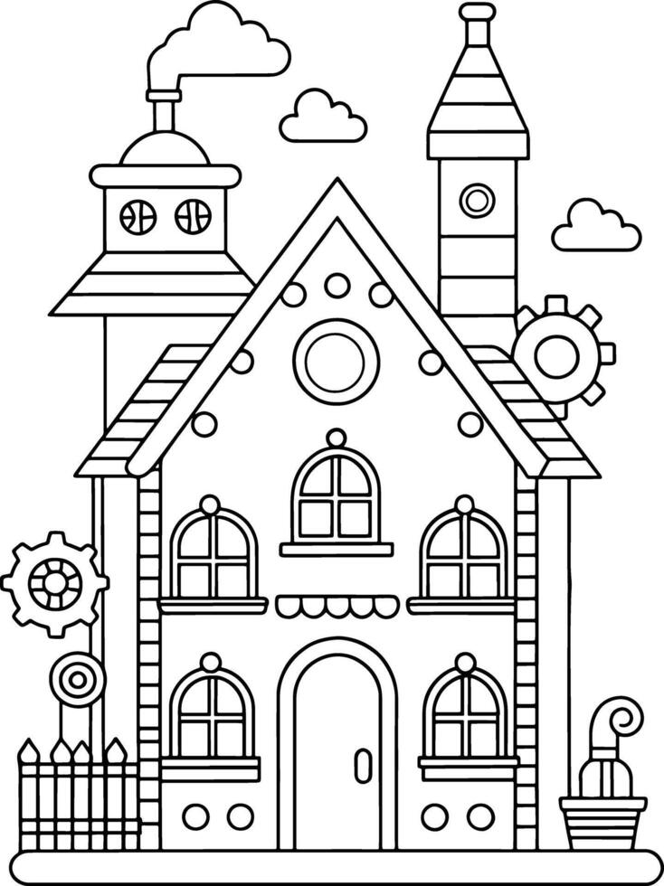 Whimsical Gear House Coloring Page A charming detailed house with gears chimneys and a playful vector