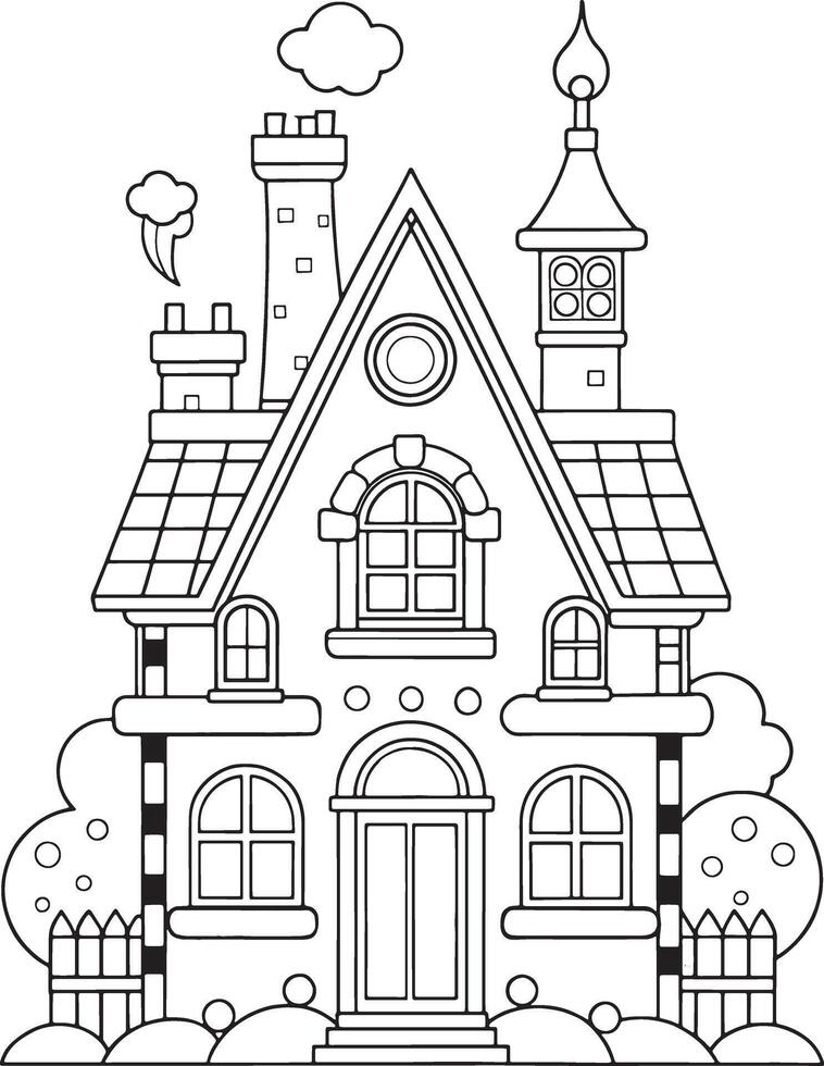Charming fairytale house coloring page detailed design whimsical details cozy home simple lines fun vector