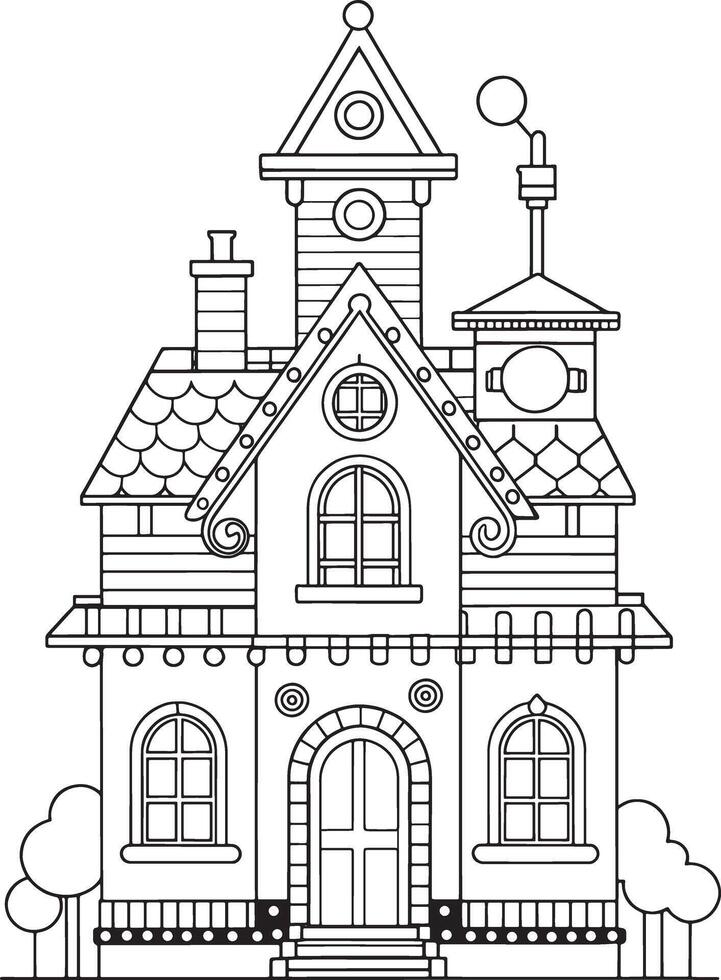 Charming fairytale house coloring page intricate details whimsical design black and white vector
