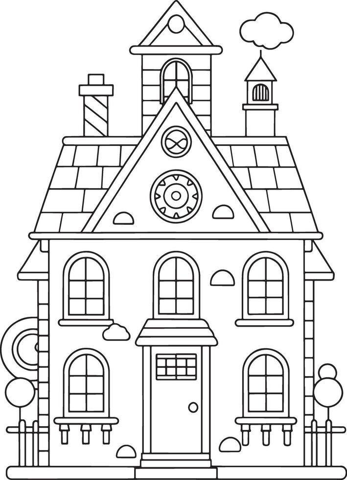 Charming two story house coloring page detailed facade whimsical roof cute garden vector