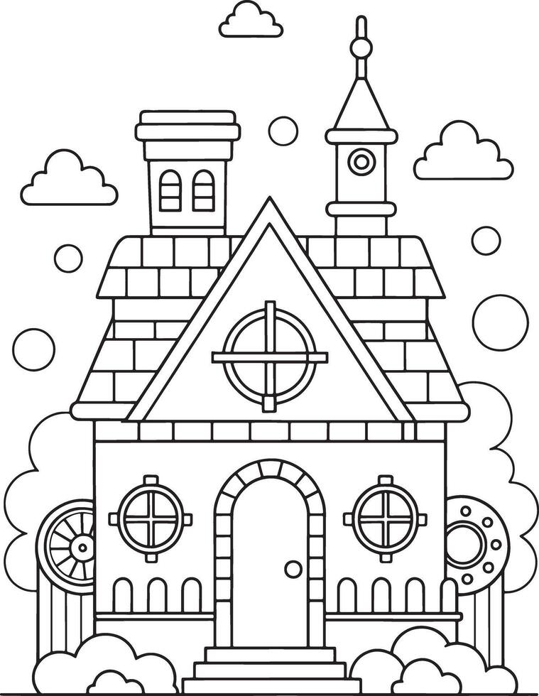 Charming Fairytale House Coloring Page Cute Cottage Simple Lines Fun Design vector