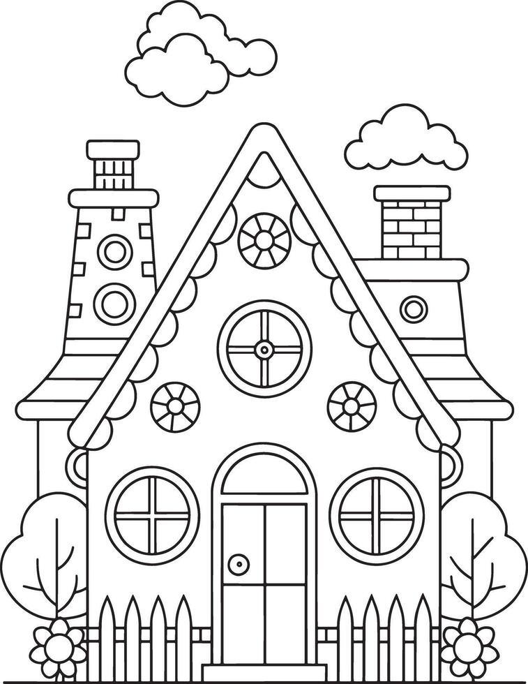 Adorable fairytale house coloring page charming design simple lines cute details whimsical home vector