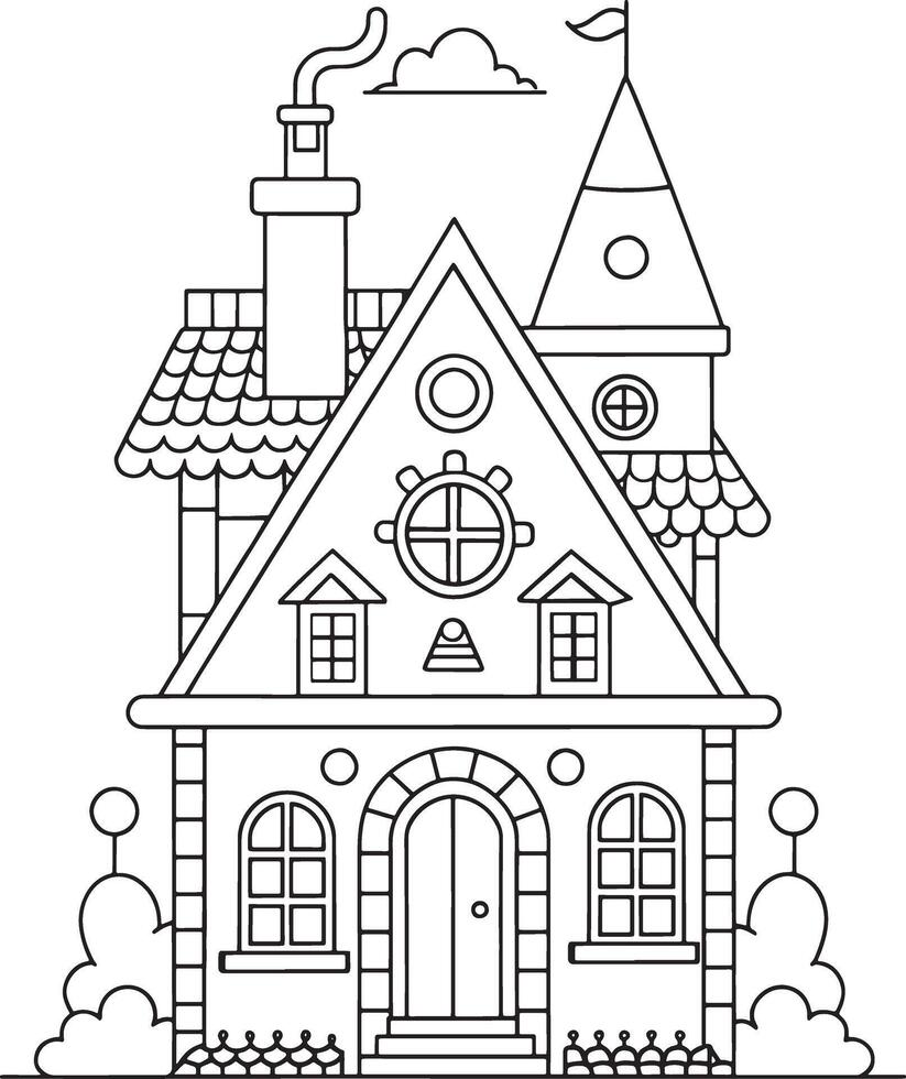 Charming fairytale house coloring page detailed line art whimsical design simple shapes perfect for vector