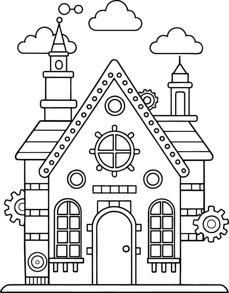 Charming Steampunk House Coloring Page Detailed line art gears chimneys clouds vector