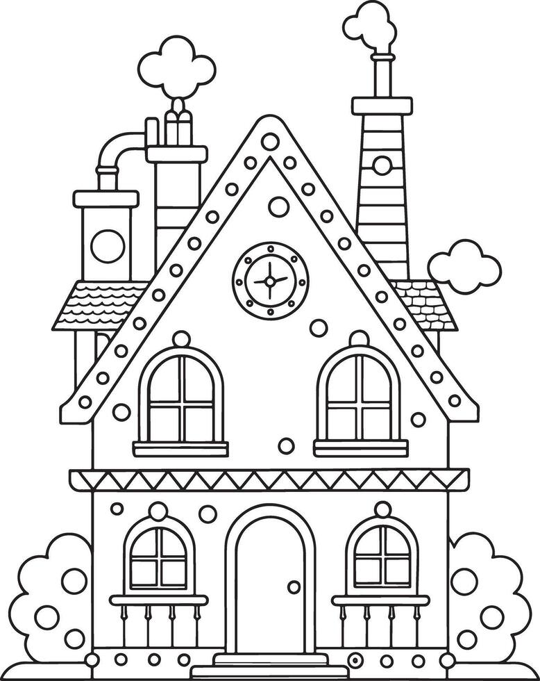 Charming gingerbread house coloring page whimsical design two chimneys detailed facade cute bushes vector