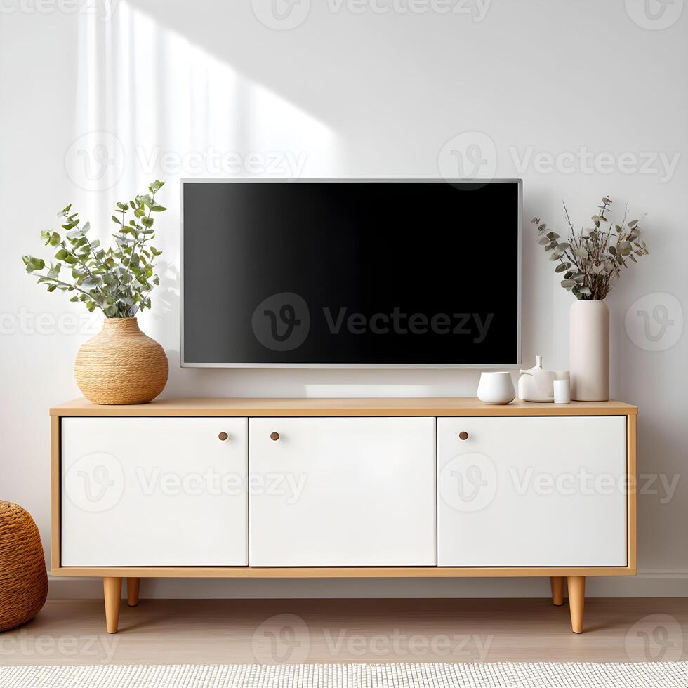 Stylish modern living room with a sleek television on a wooden console and decorative plants in minimalist decor photo