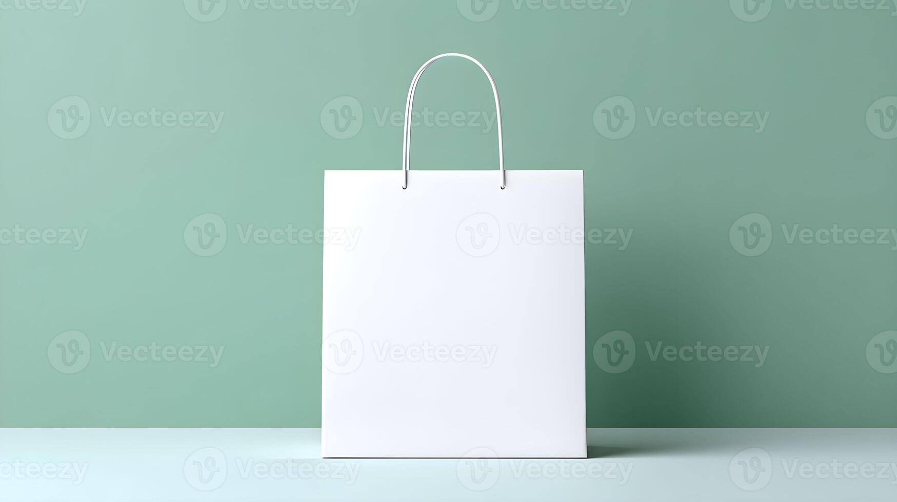 Minimalist white shopping bag for mockup displayed against a soft green background, perfect for product showcasing or promotional designs photo