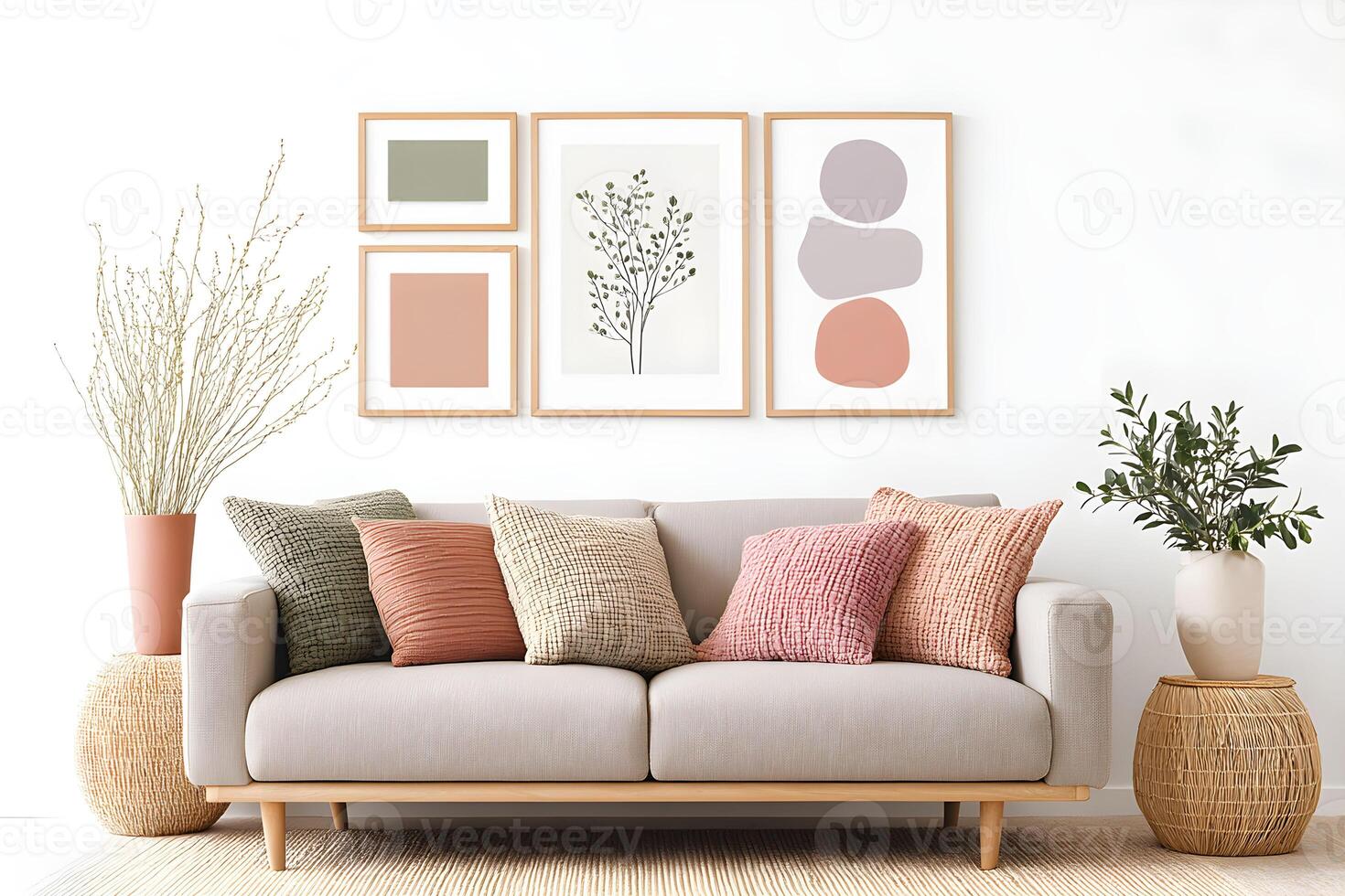 Soft colors and cozy textures create a warm living space with a stylish sofa adorned with decorative pillows and art pieces in a bright room photo