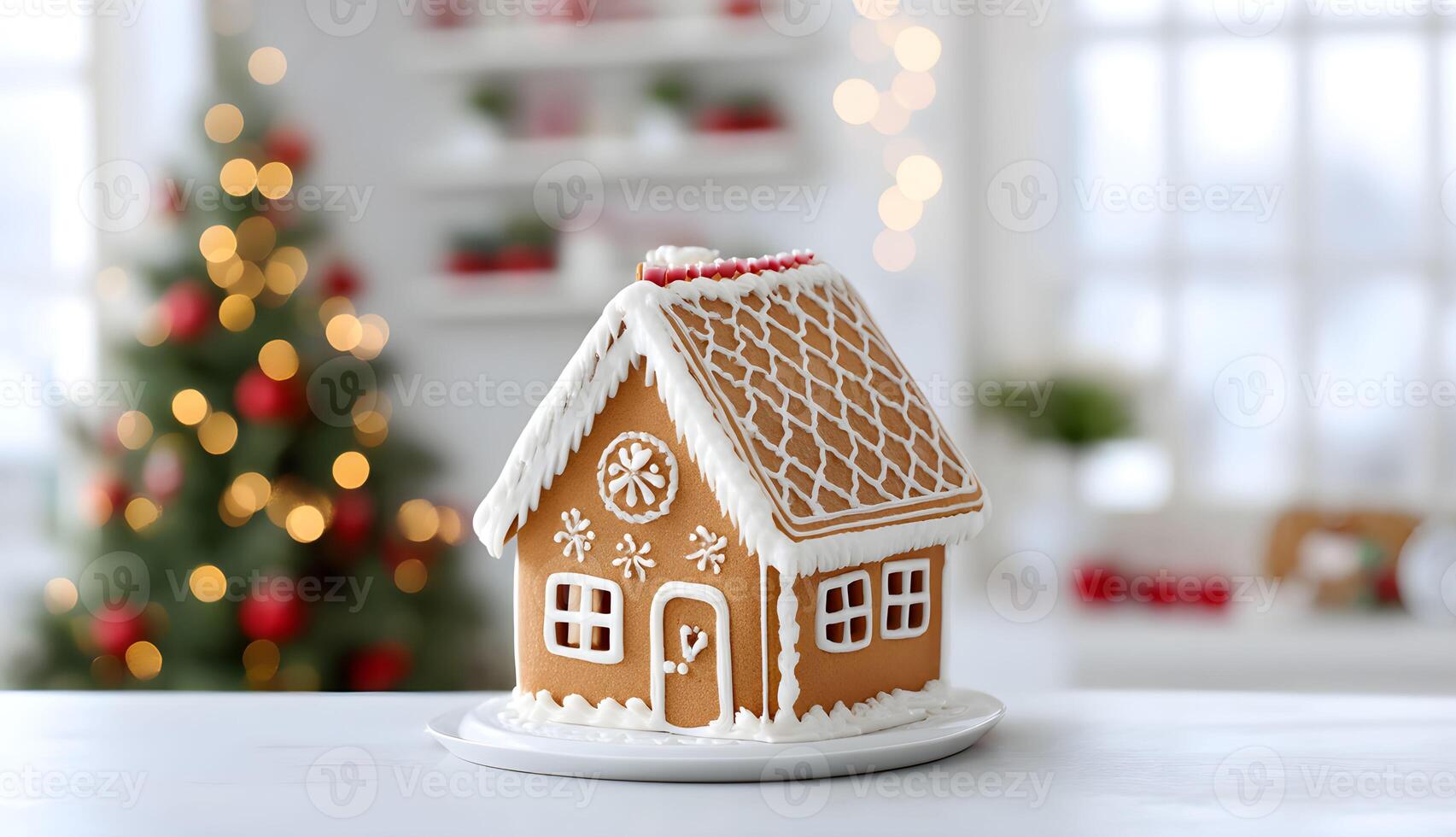 Gingerbread house decorated with icing and candy displayed in a cozy setting with Christmas tree lights, celebrating the holiday spirit during winter festivities photo