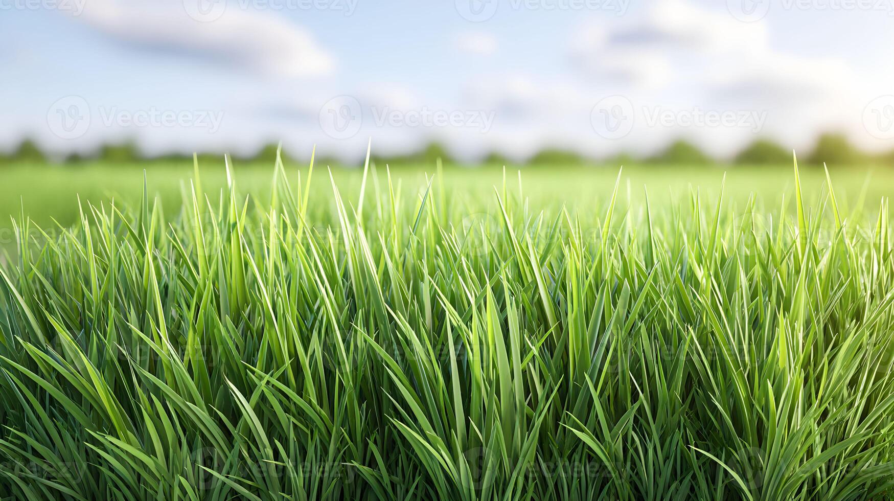Lush green grass swaying gently in the breeze on a sunny day in an open field, creating a serene natural landscape ideal for relaxation and outdoor activities photo