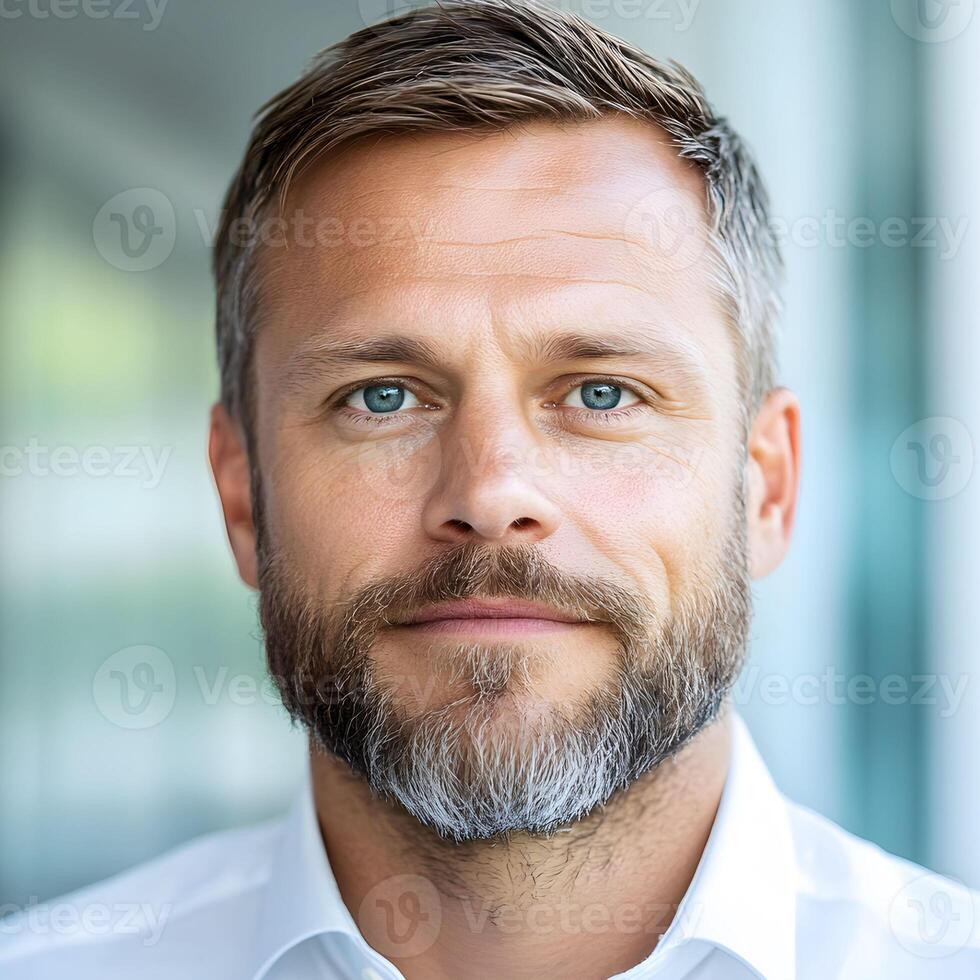 Confident man with blue eyes and beard posing indoors in modern office environment during daytime photo