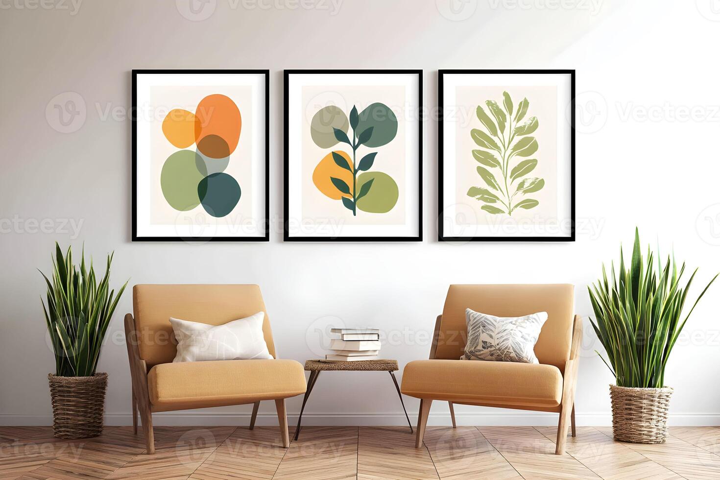 Modern mid century living room with stylish chairs and framed artwork featuring botanical prints in a cozy setting photo