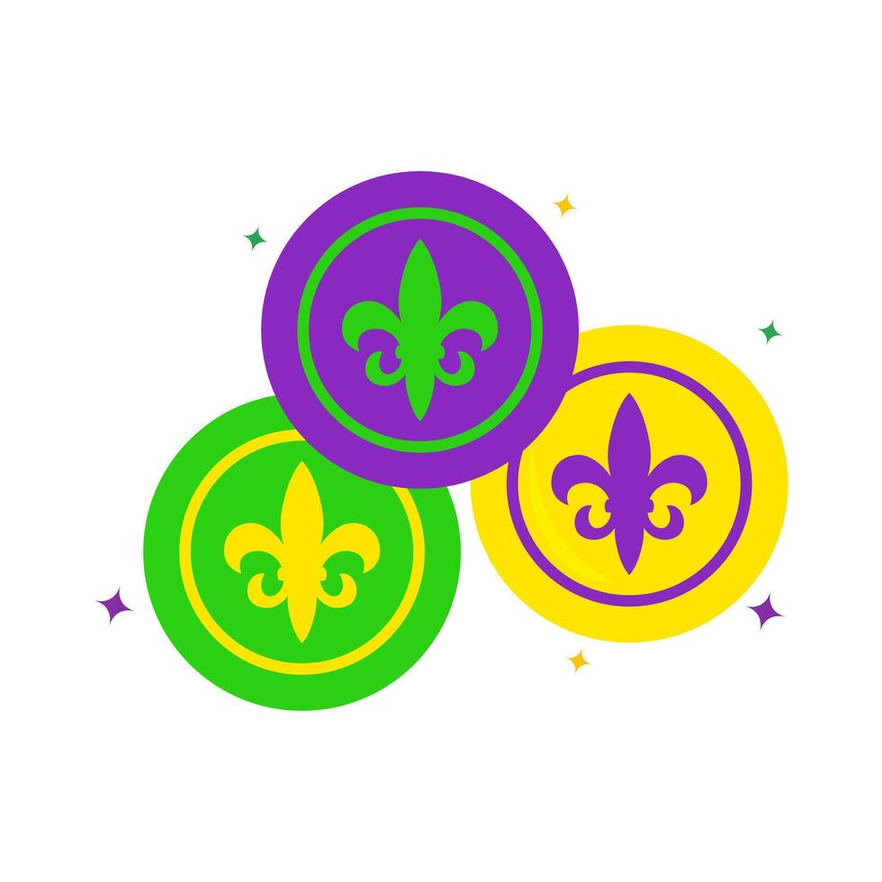 Mardi Gras Coins with Fleur-de-Lis Symbol in Purple, Green, and Yellow vector
