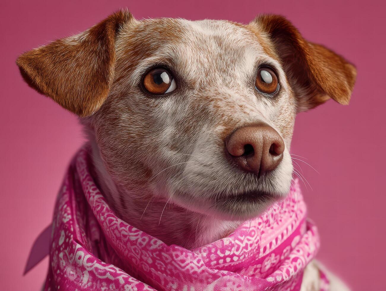 heartwarming scene of pet dog wearing pink bandana, showcasing its expressive eyes and unique fur pattern against vibrant pink background. This captures charm and personality of dog photo