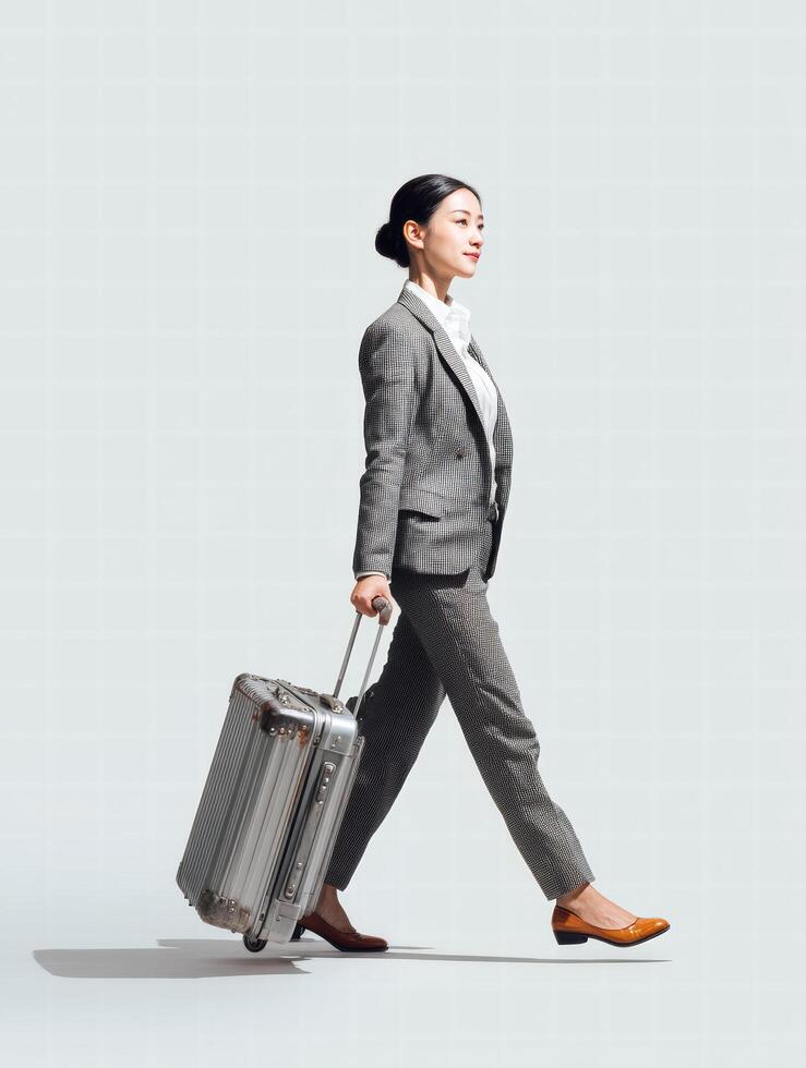 confident businesswoman in stylish suit walks with suitcase, showcasing professionalism and elegance. Her posture exudes determination and readiness for travel photo