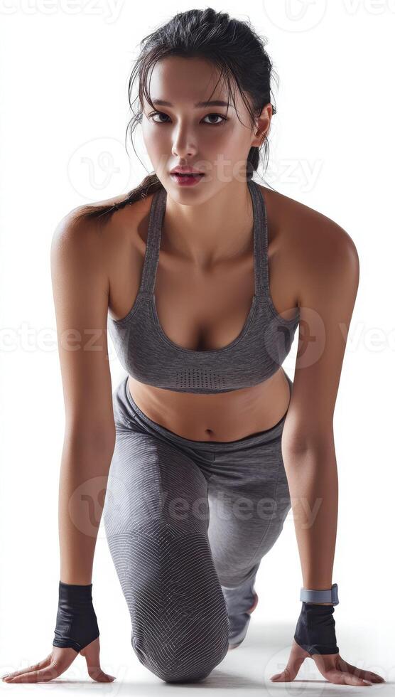 Athletic female runner in starting pose, showcasing determination and focus. She wears gray sports outfit, emphasizing her athletic build and readiness for action photo