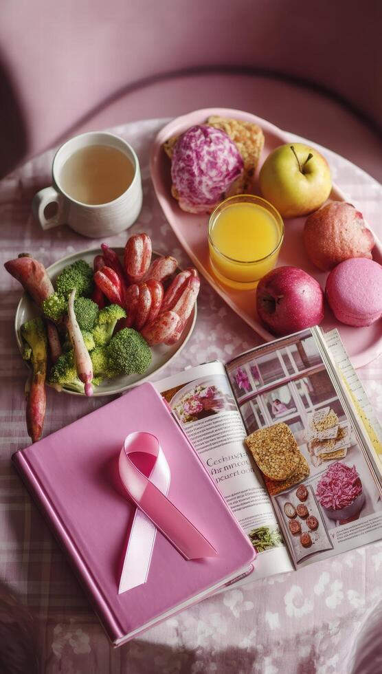 creative flat lay featuring pink themed breakfast spread with fruits, vegetables, and book, symbolizing cancer awareness. scene evokes sense of health and positivity photo