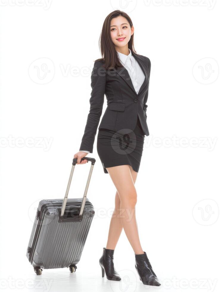 confident businesswoman in stylish black suit stands with suitcase, exuding professionalism and elegance. Her poised demeanor suggests readiness for travel or business meeting photo