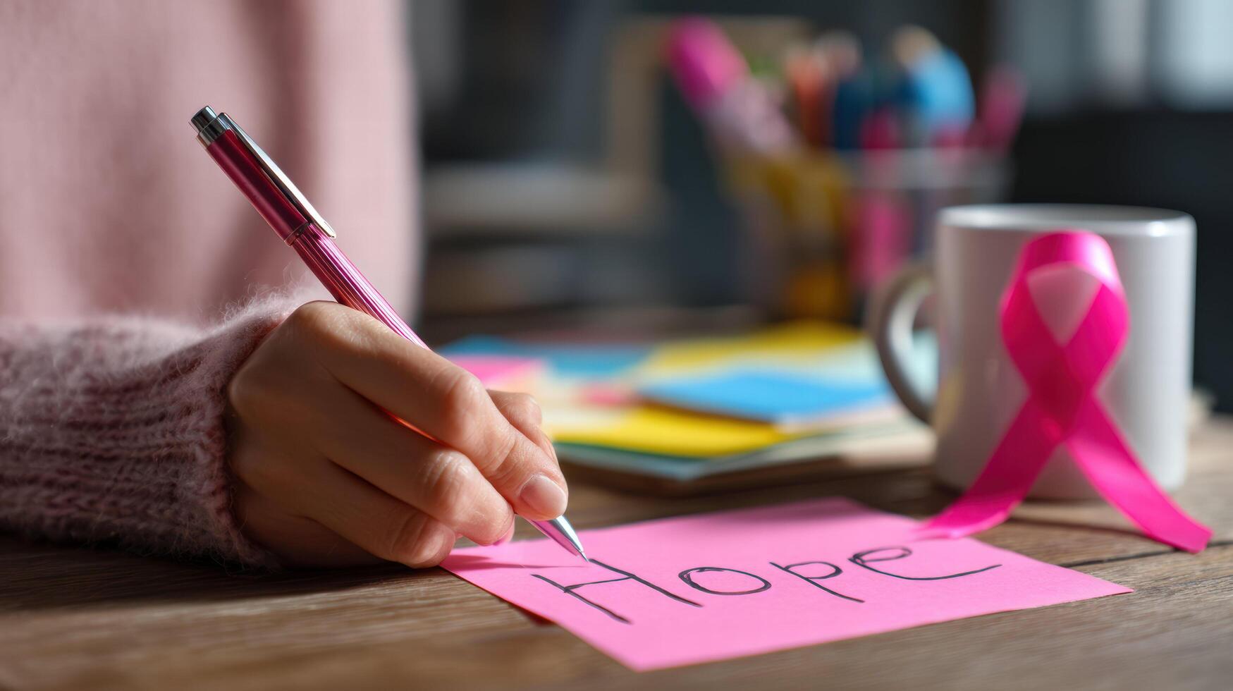 Hope is written pink sticky note, with hand holding pink pen. pink ribbon is placed next to mug wooden table, surrounded by colorful sticky notes and stationery, conveying message of positivity photo