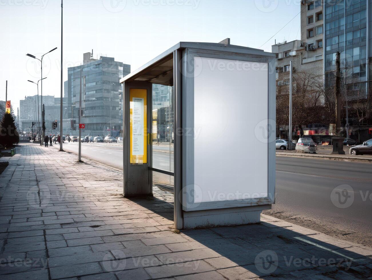 blank white billboard at bus stop in city setting, surrounded by modern buildings and clear blue sky. scene conveys sense of urban life and potential for advertising photo