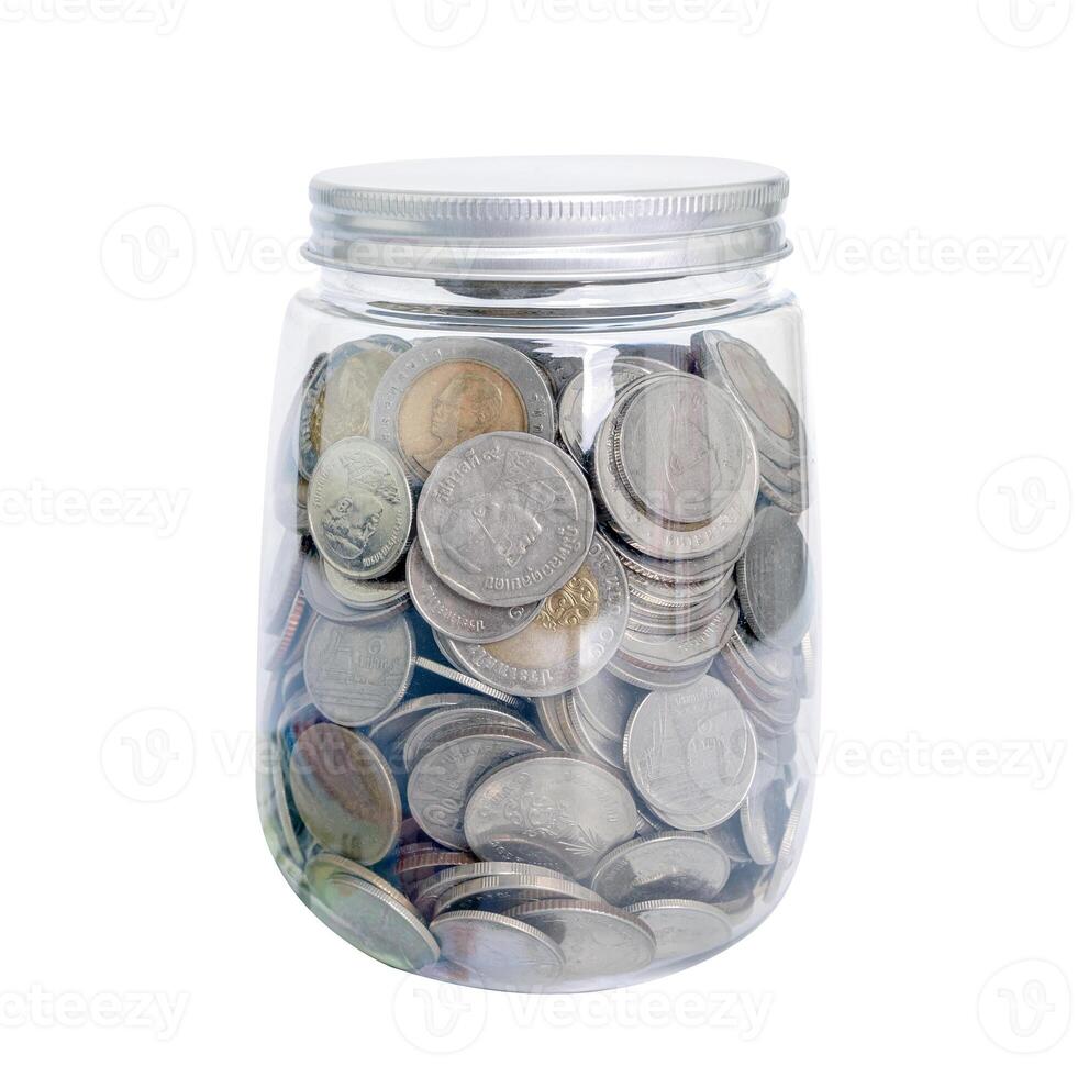 money banknote thai and coin in a piggy jar bank, saving a money concept photo