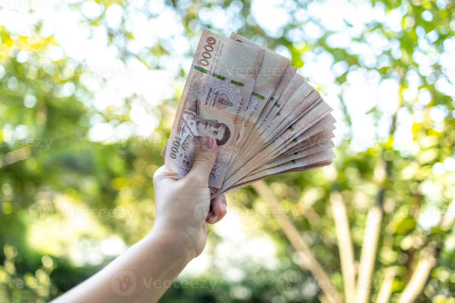 thai baht banknote money, money in hand holding, thai currency bill on blur tree background photo