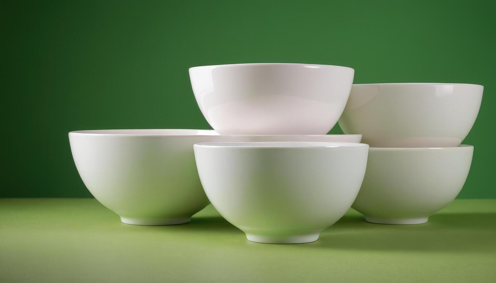 A group of four white bowls on a green background photo