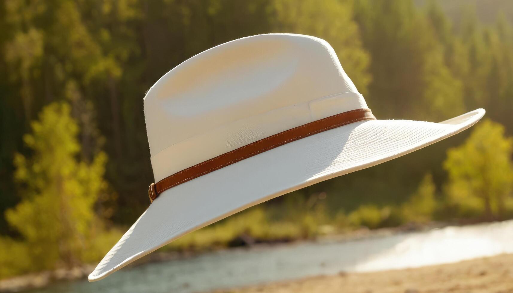 A white hat is sitting on the ground near a river photo