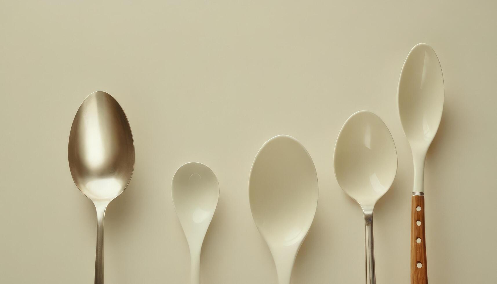 A group of four spoons and a spoon on a white surface photo