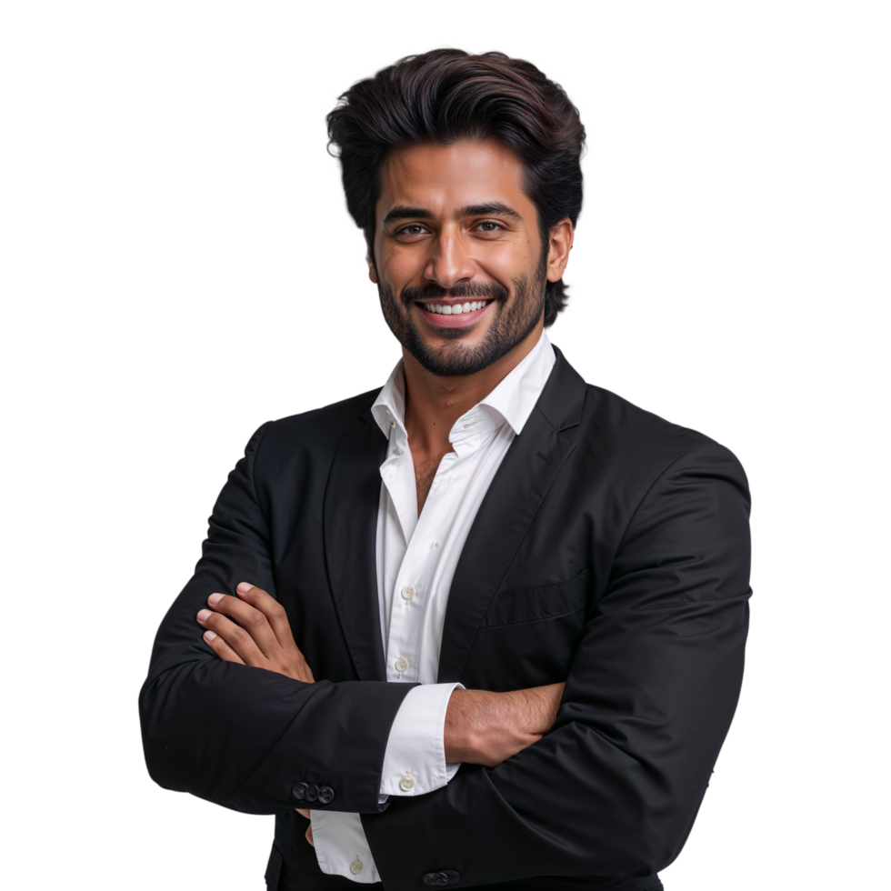 Confident Businessman in Suit Smiling with Arms Crossed, isolated on transparent background png