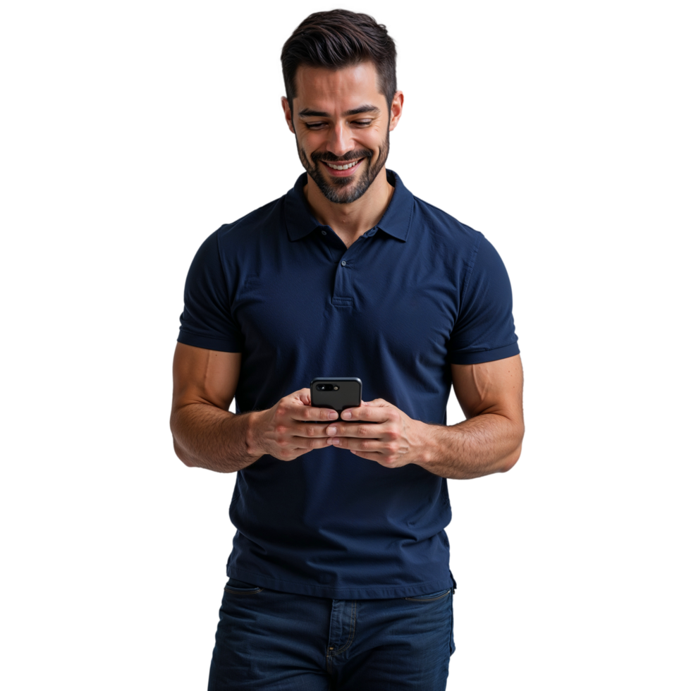 Smiling Young Man Using Smartphone on Transparent Background png