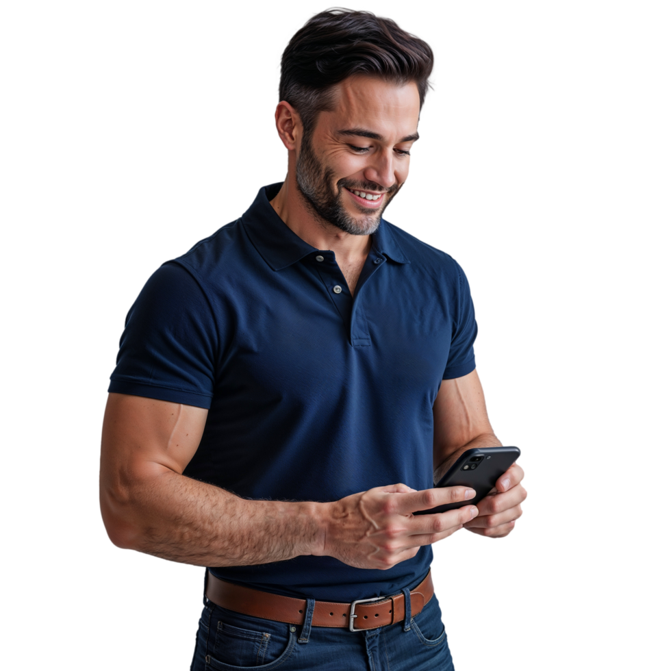 Young Man Smiling While Using Smartphone on Transparent Background png