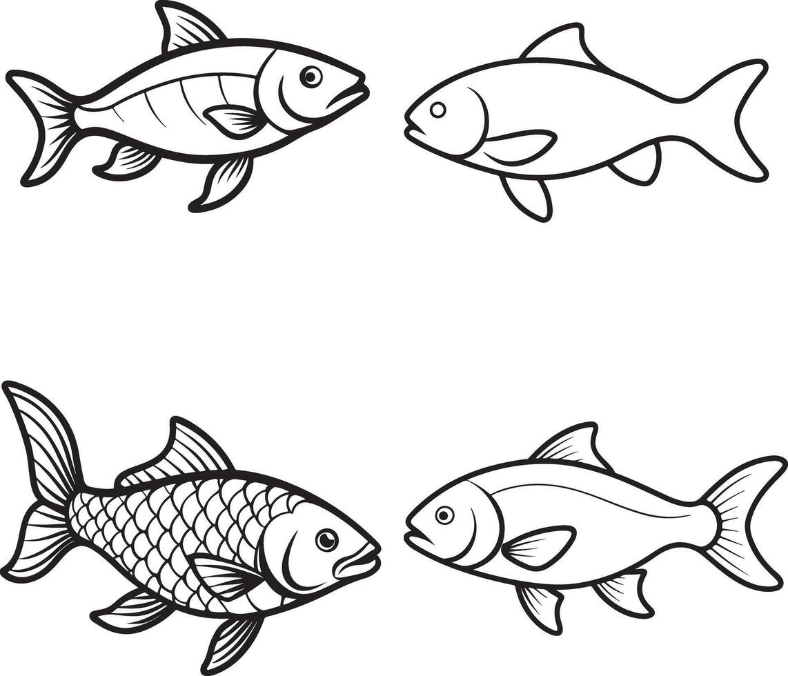 Line art silver fish set icon vector