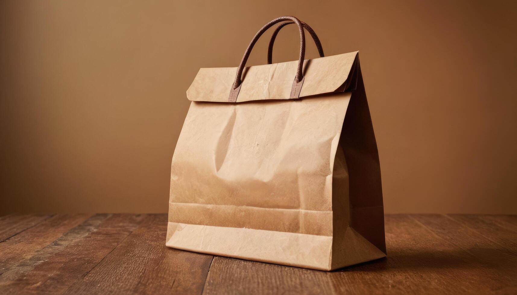 Brown paper bag on wooden table with brown background photo