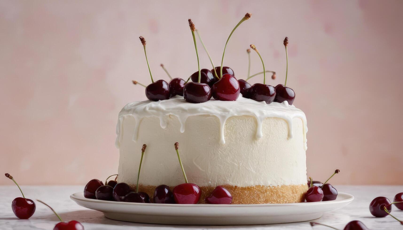 A cake with cherries on top and frosting photo
