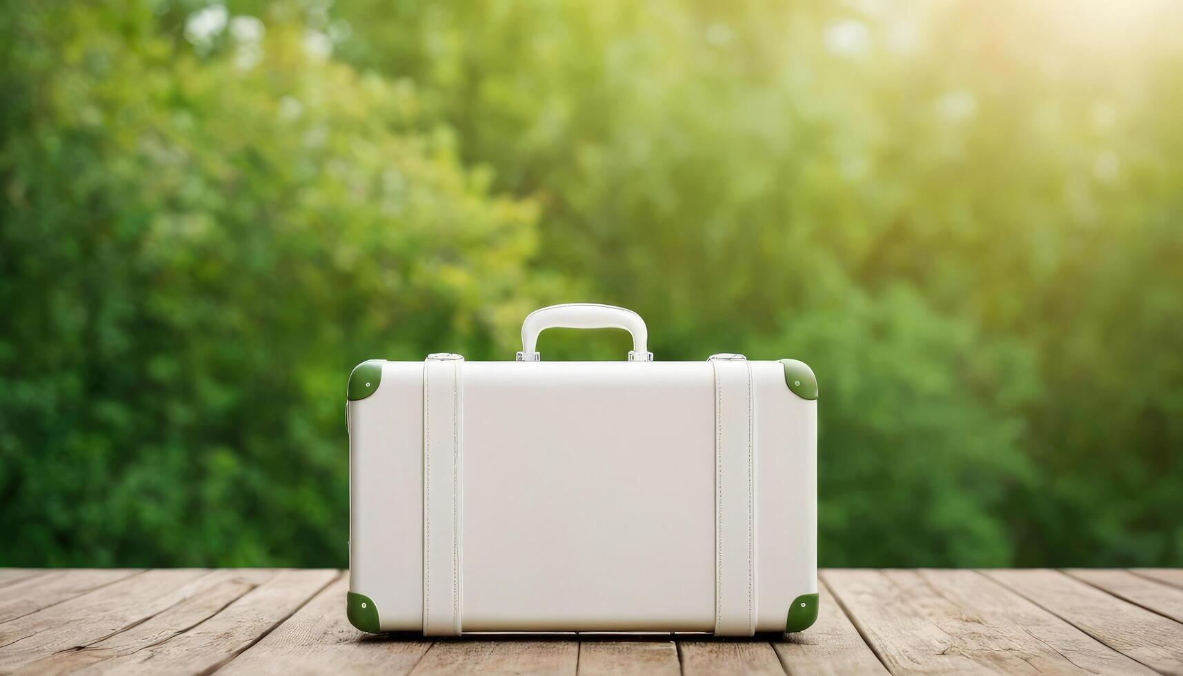 White suitcase on wooden table with green background photo